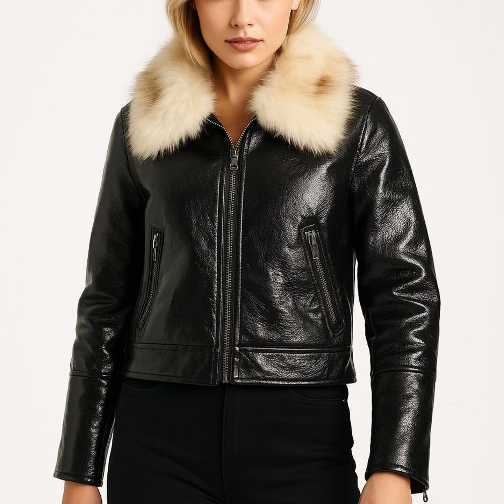 Unreal Fur Black Wet Look Aviator Jacket Faux Leather & Fur Collar Women’s M